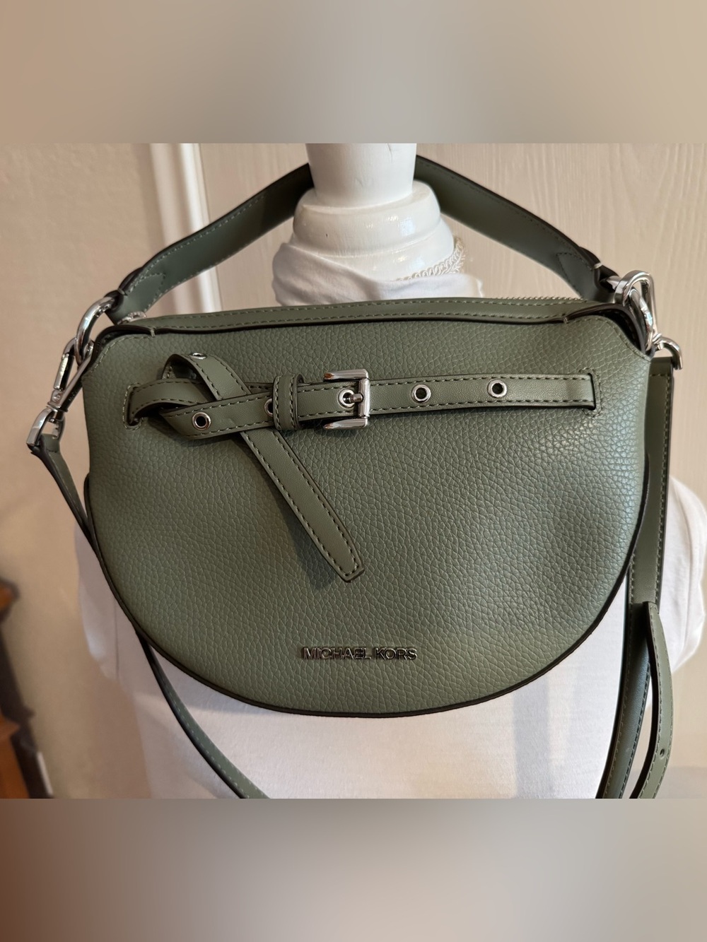 Like New MICHAEL KORS Emilia Sage Green Pebbled Leather Crossbody Half Moon Bag